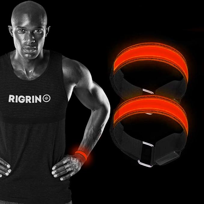 RIGRIN 4 Pack Battery LED Armbands High Visibility Led Running Lights for Runners Reflective Running Gear Light Up Armbands Reflectors Running Gift Accessories for Adults (Red)