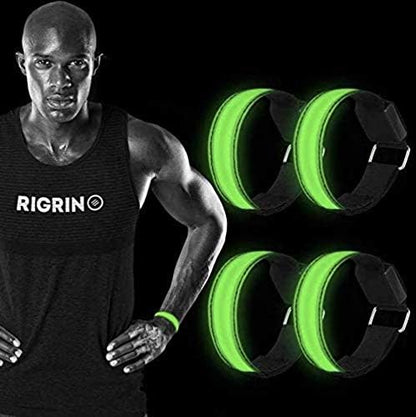 RIGRIN 4 Pack Battery LED Armbands High Visibility Led Running Lights for Runners Reflective Running Gear Light Up Armbands Reflectors Running Gift Accessories for Adults (Green Pack of 4)