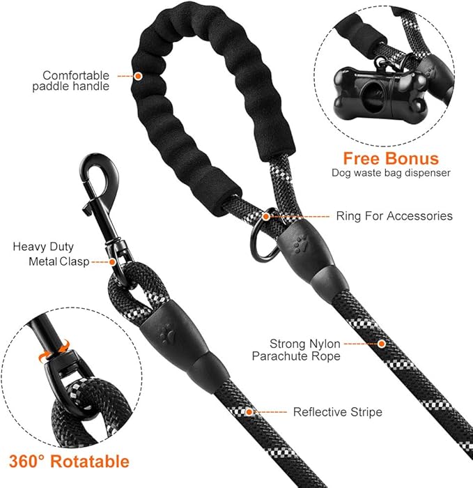 5 FT Strong Dog Lead with Comfortable Padded Handle and Highly Reflective Threads for Small, Medium and Large Dogs