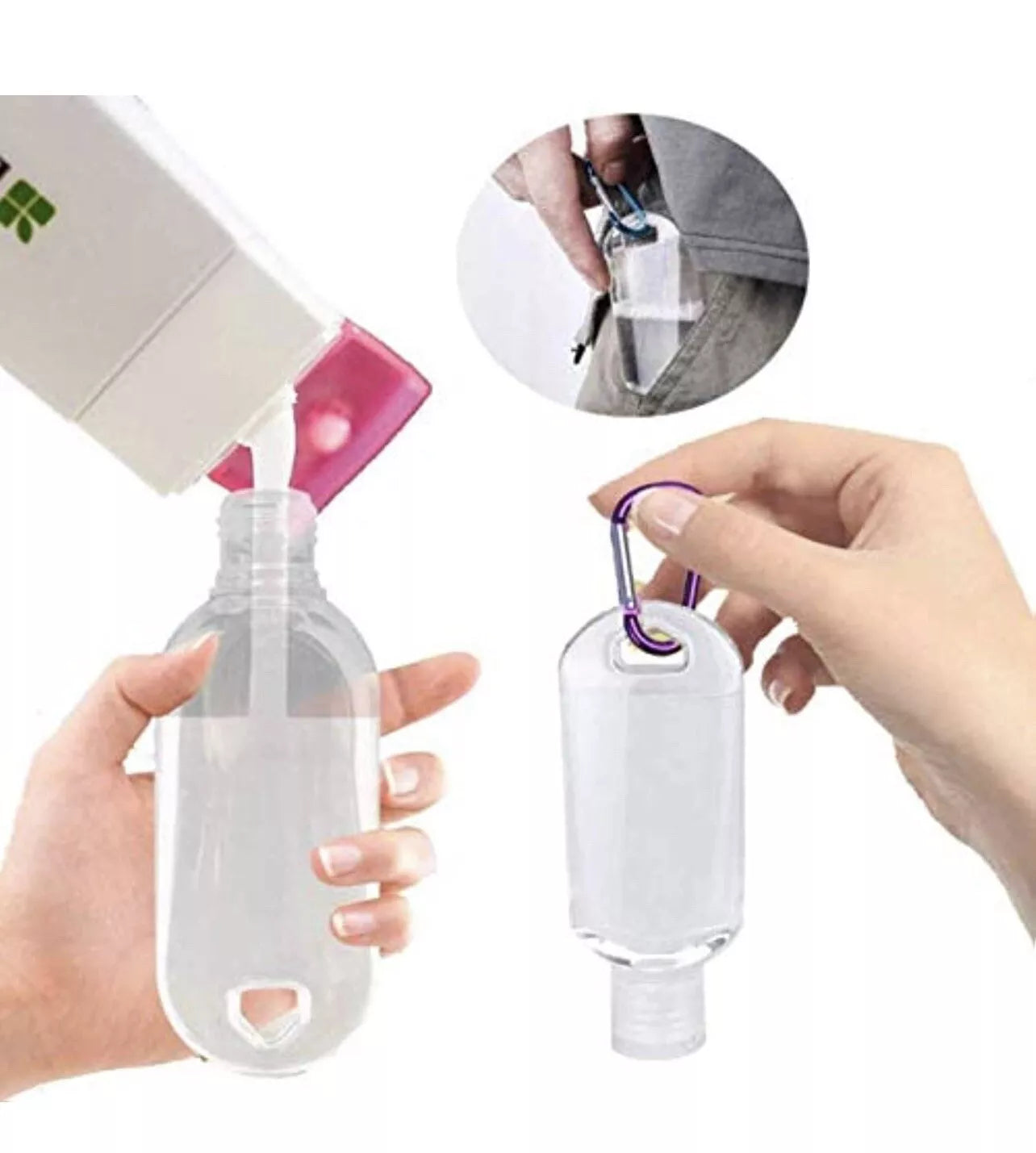 Refillable Bottles 5 Pcs 50ml Travel Containers Empty Plastic Bottles with Hook Carabiner Belt Clip